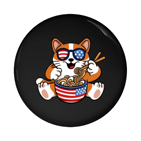 American Flag Cat Eating Ramen Food Lover Design Pin Buttons
