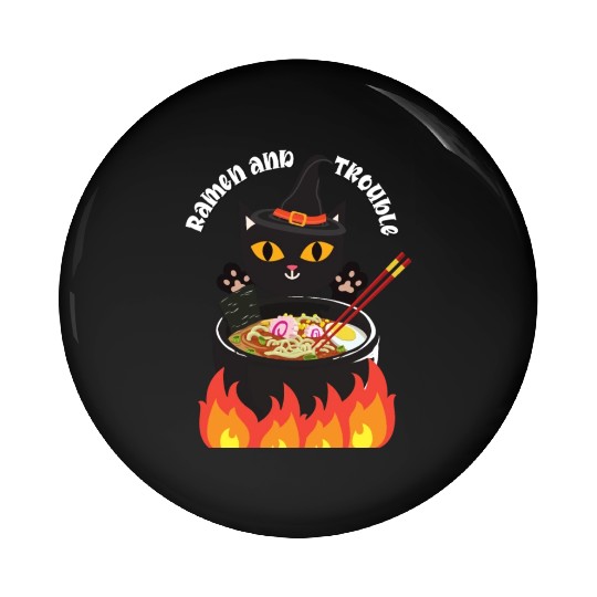 Halloween Black Cat, Ramen and Trouble Pin Buttons