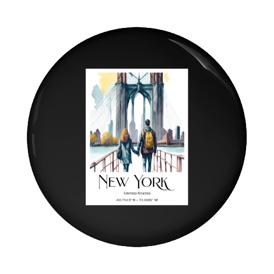 Watercolor painting loving couple in New York City Pin Buttons
