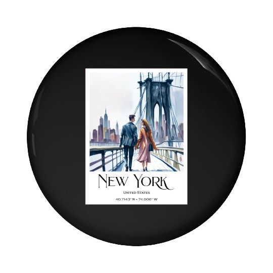 Watercolor painting loving couple in New York City Pin Buttons