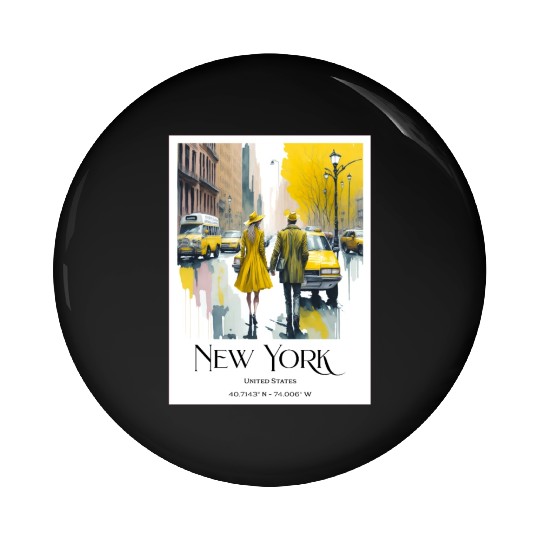 Watercolor painting loving couple in New York City Pin Buttons