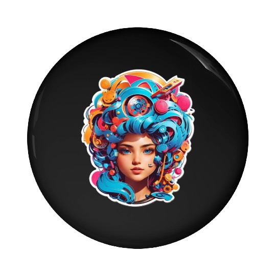 Psychedelic girl with multi color hair. futuristic Pin Buttons