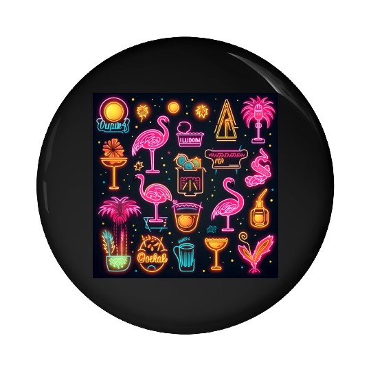 Neon Nightscape: Tropical Flamingos and Eclectic N Pin Buttons