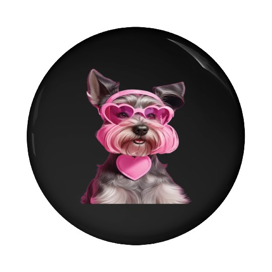 Miniature Schnauzer Wearing Pink Heart Collar Pin Buttons
