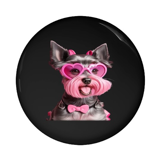 Schnauzer Wearing Pink Bow Tie Pin Buttons