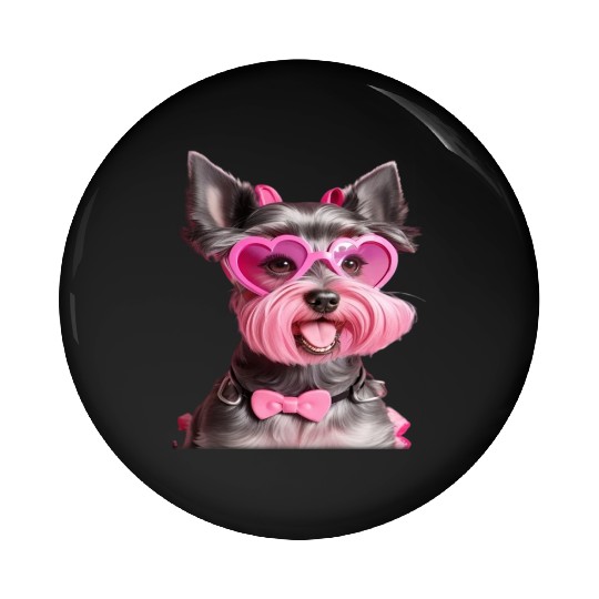Schnauzer Wearing Pink Bow Tie Pin Buttons