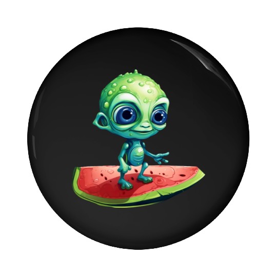 Green Alien Meets Watermelon: Exotic Encounter Pin Buttons