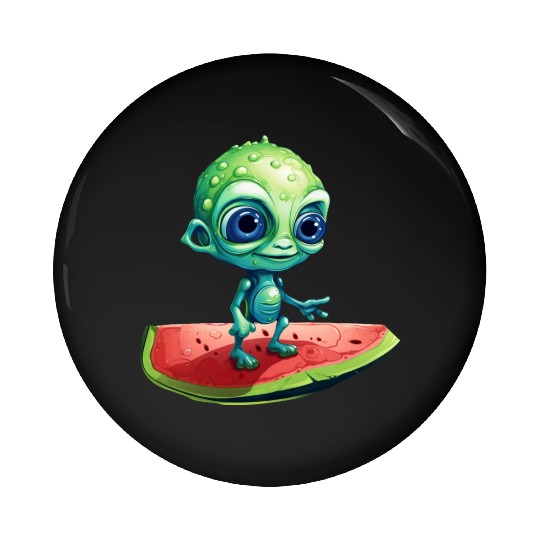 Green Alien Meets Watermelon: Exotic Encounter Pin Buttons
