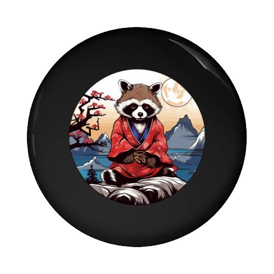 tanuki raccoon dog in kimono in anime style Pin Buttons
