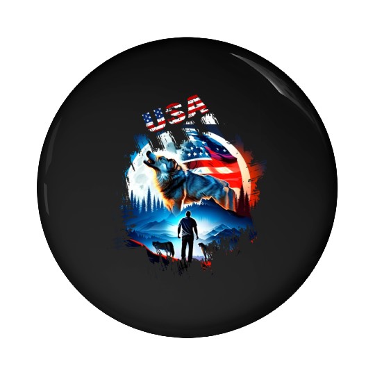 America wolf under Moon with American Flag Pin Buttons