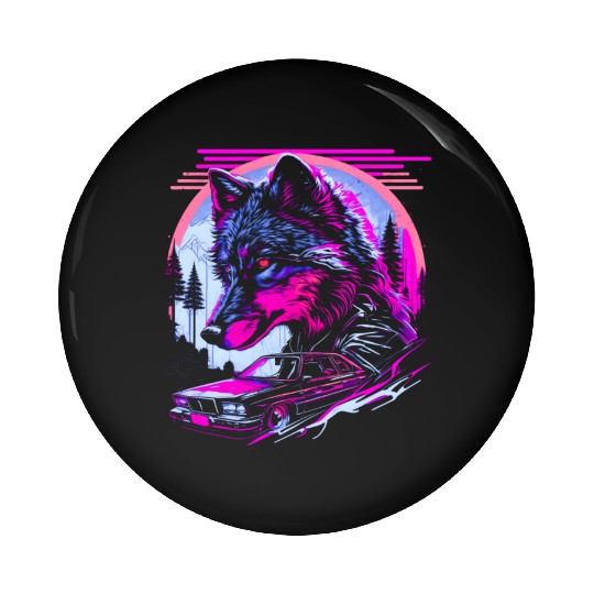 Retro Synthwave Gangster Wolf Pin Buttons