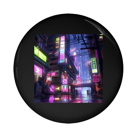 Anime-Influenced Digital Art of Tokyo Street Scene Pin Buttons