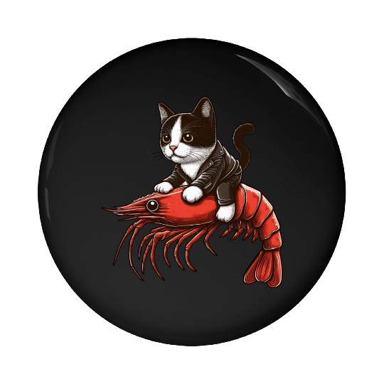 Cat rides shrimp Pin Buttons