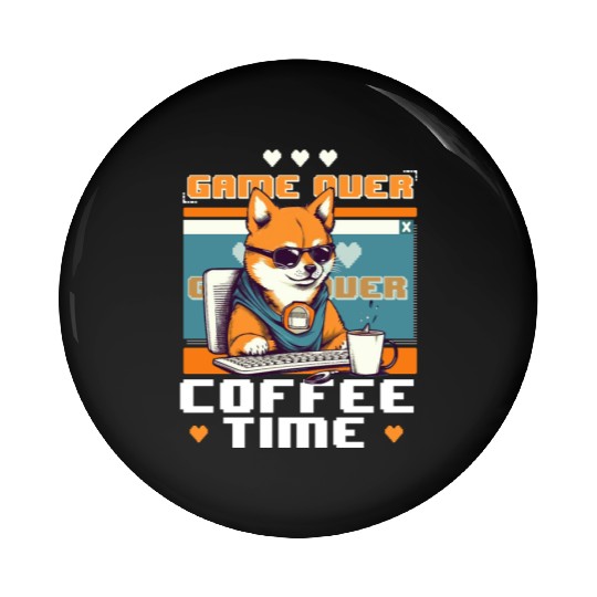 Game Over Coffee Time Funny Gamer Shiba Inu Gaming Pin Buttons