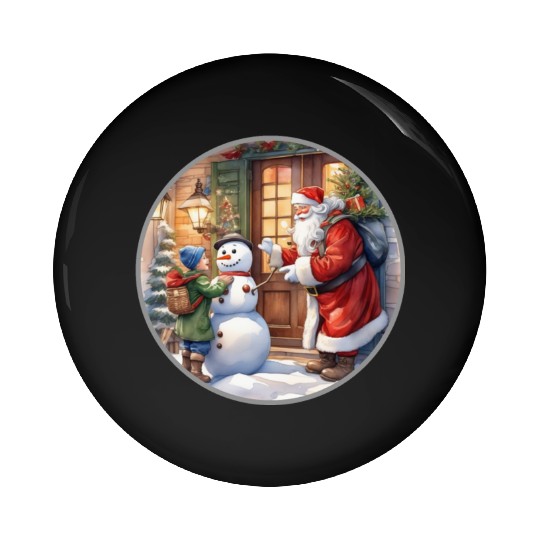 Santa Claus and a snowman distributes gifts. Pin Buttons
