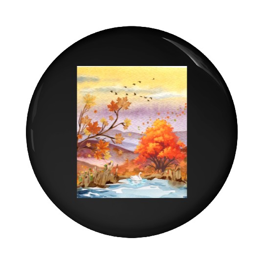 "Autumn Serenity by the Lake - Watercolor Swan" Pin Buttons