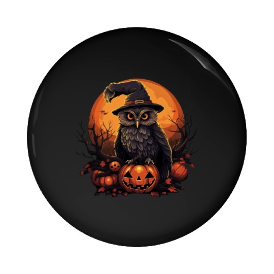 Whimsical Owl in Witch Hat Halloween Pin Buttons