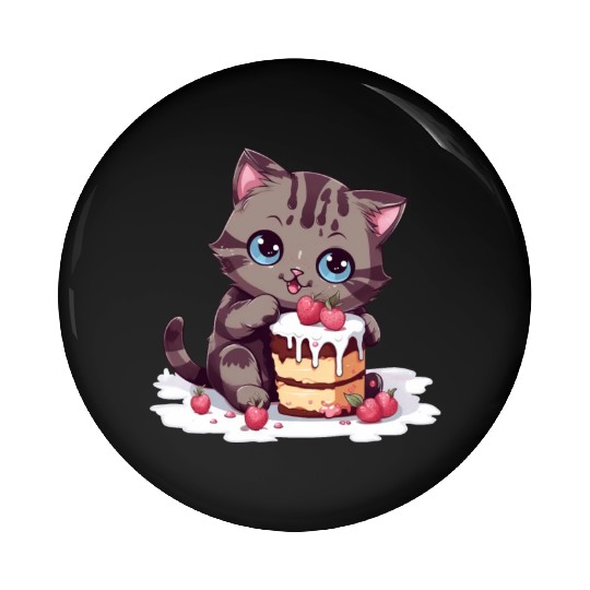 Cherry Cake Delight: Sweet Comic Cat Indulges Pin Buttons