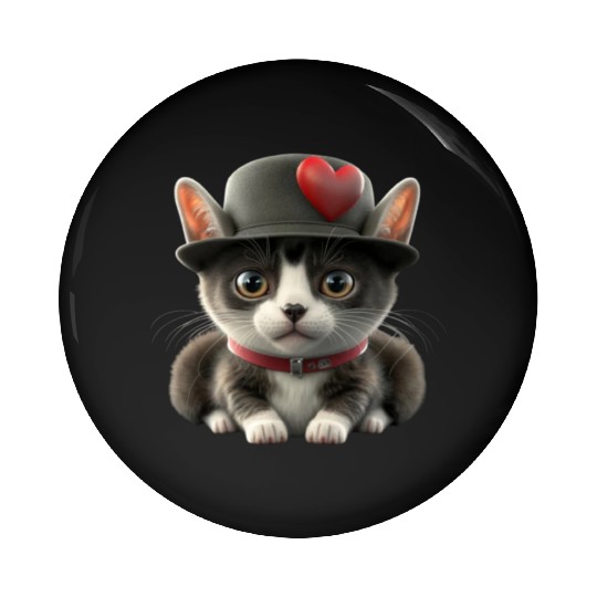 I love cat black and white and hat Pin Buttons