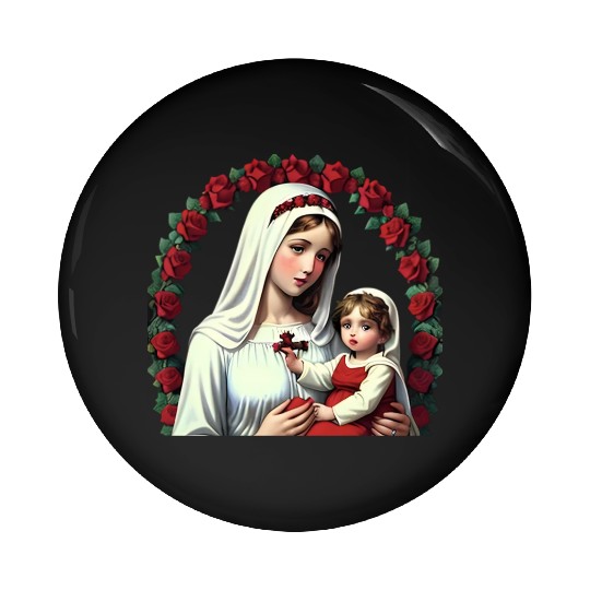 Mother Mary and Baby Jesus with Red Roses Pin Buttons
