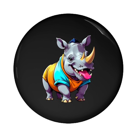 A Cartoonish Rhinoceros in a Playful Pose Pin Buttons