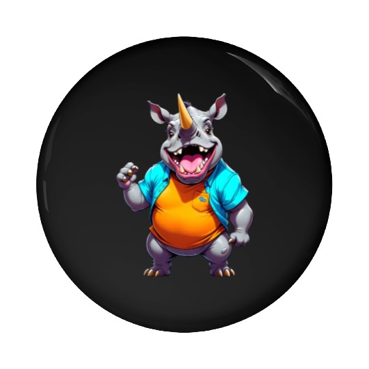 A Cartoonish Rhinoceros in a Playful Pose Pin Buttons