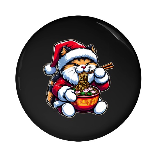 Cute Cat as Santa Eating Ramen on Christmas Pin Buttons