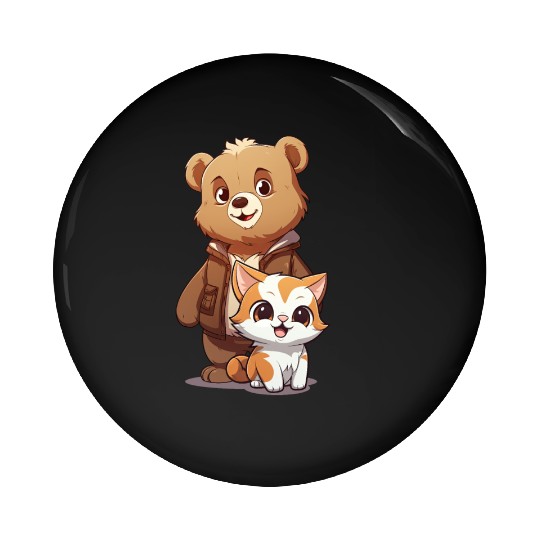 cute kitty cat and teddy bear in cartoon style Pin Buttons