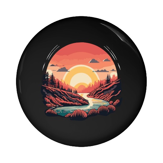 Simple Pin Buttons design, sun shining over the river.