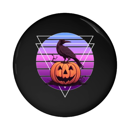 Raven Crow On Pumpkin Vaporwave Halloween Pagan Ae Pin Buttons