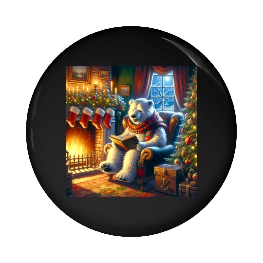 Winter Tales-Merry Cozy Bear Reading by Fireplace Pin Buttons