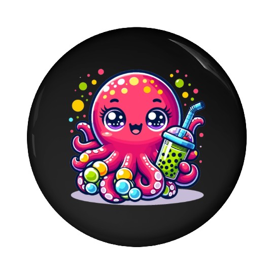 Kawaii Octopus With Bubble Tea Sea Ocean Boba Tea Pin Buttons