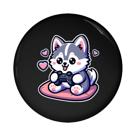 Cute Husky Dog Sitting and Enjoy Play ConsoleGame Pin Buttons