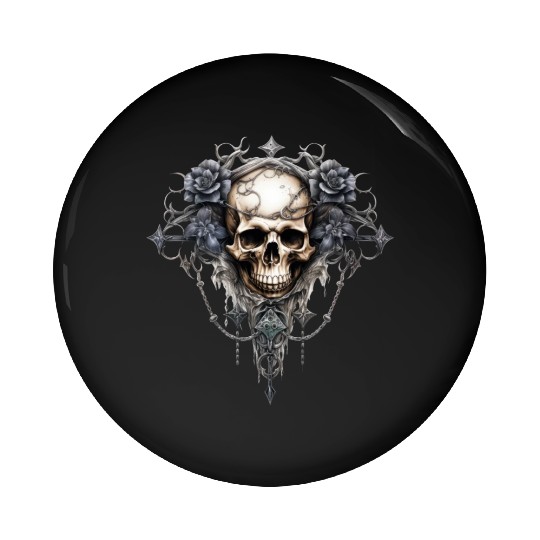 Gothic Art Print with Skull and Roses Pin Buttons