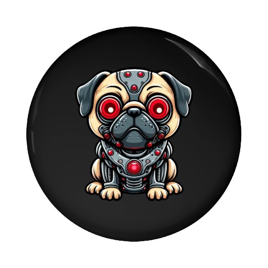 Cyborg Pug with Red Eyes Pin Buttons