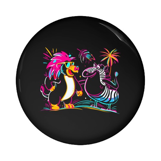 Tropical Neon Beats: Lion & Zebra's Beach Party Pin Buttons
