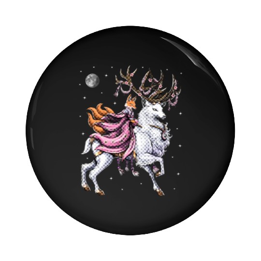 Japanese Kitsune Fox Riding Cherry Blossom Deer Pin Buttons