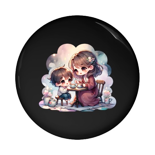 Mother and Son Enjoying a Cozy Tea Party Pin Buttons