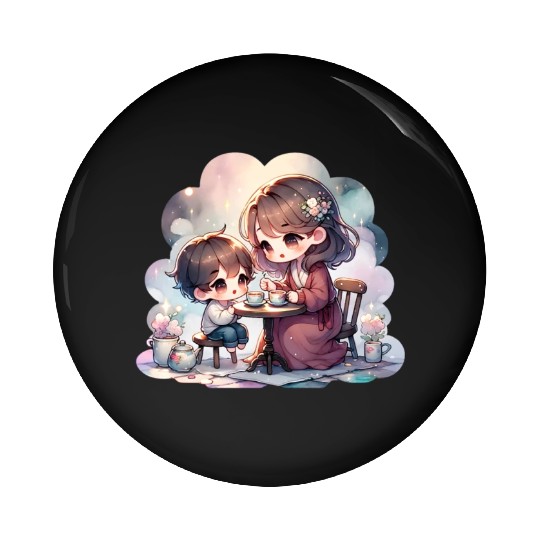 Mother and Son Enjoying a Cozy Tea Party Pin Buttons