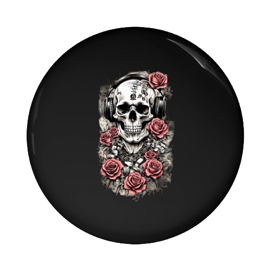 Rock & Roses Pin Buttons: Skull, Roses & music nout