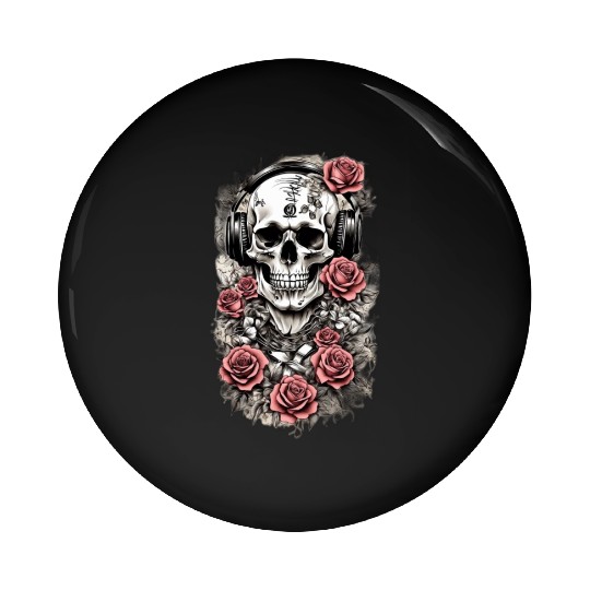 Rock & Roses Pin Buttons: Skull, Roses & music nout