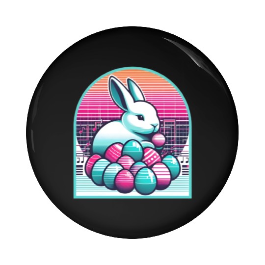 Synthwave Easter Bunny with Eggs Pin Buttons