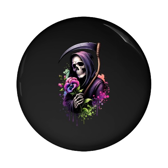 Grim Reaper Holding Sweet Pea flower Pin Buttons