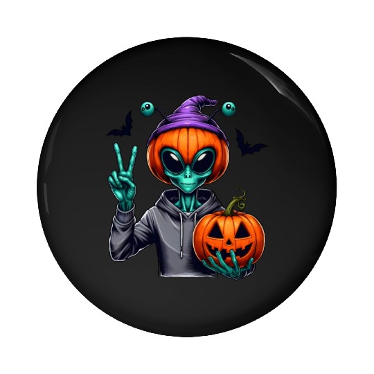 Peaceful alien with Halloween pumpkin Pin Buttons
