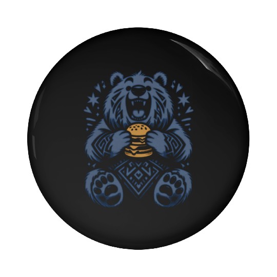 Cute Grizzly with Hamburger, Blue Pin Buttons