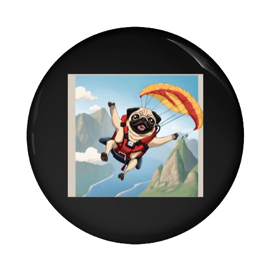 A pug skydiving Pin Buttons