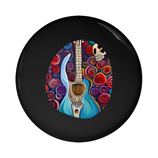 Blue Electric Guitar, Skull and Roses Pin Buttons