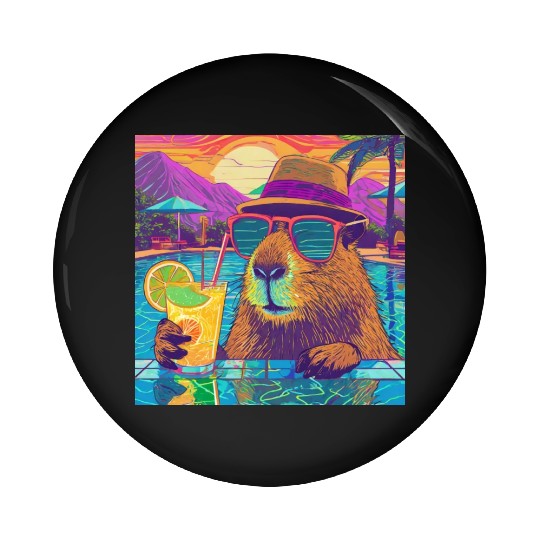 Capybara on vacation sipping on Lemonade Pin Buttons