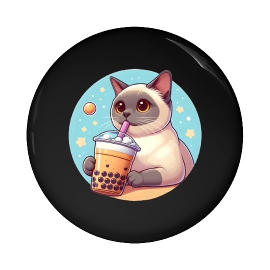 Siamese cat having bubble tea Pin Buttons