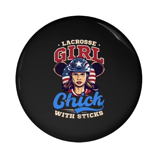 4th Of July Lacrosse Lacrosse Girl Chick With Stic Pin Buttons